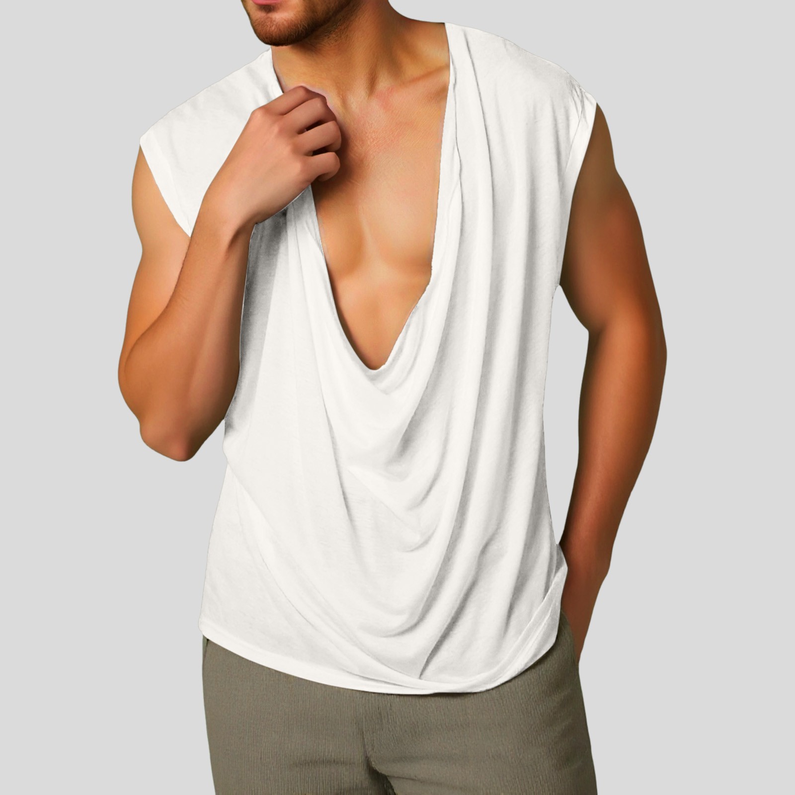 thumbnail image 2 of Camiseta sin mangas de cuello en V profundo para hombre - Poliéster/spandex ligero y transpirable - Corte holgado para verano y playa - Estampados de bandera/piña, S-XXL, 2 of 5